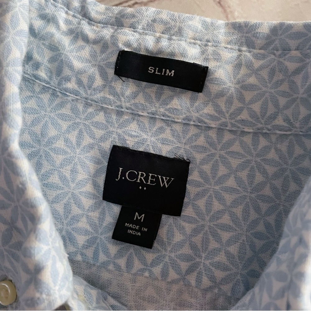 J.Crew Light Blue Geometric Button Down Short Sleeve Linen Slim Men’s Shirt M - Picture 9 of 10